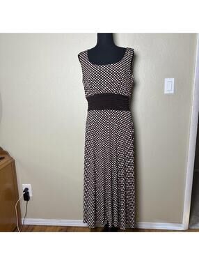 Polka Dot Midi Dress Sleeveless Ruched Waist Stretch Y2K Romantic Brown Pink